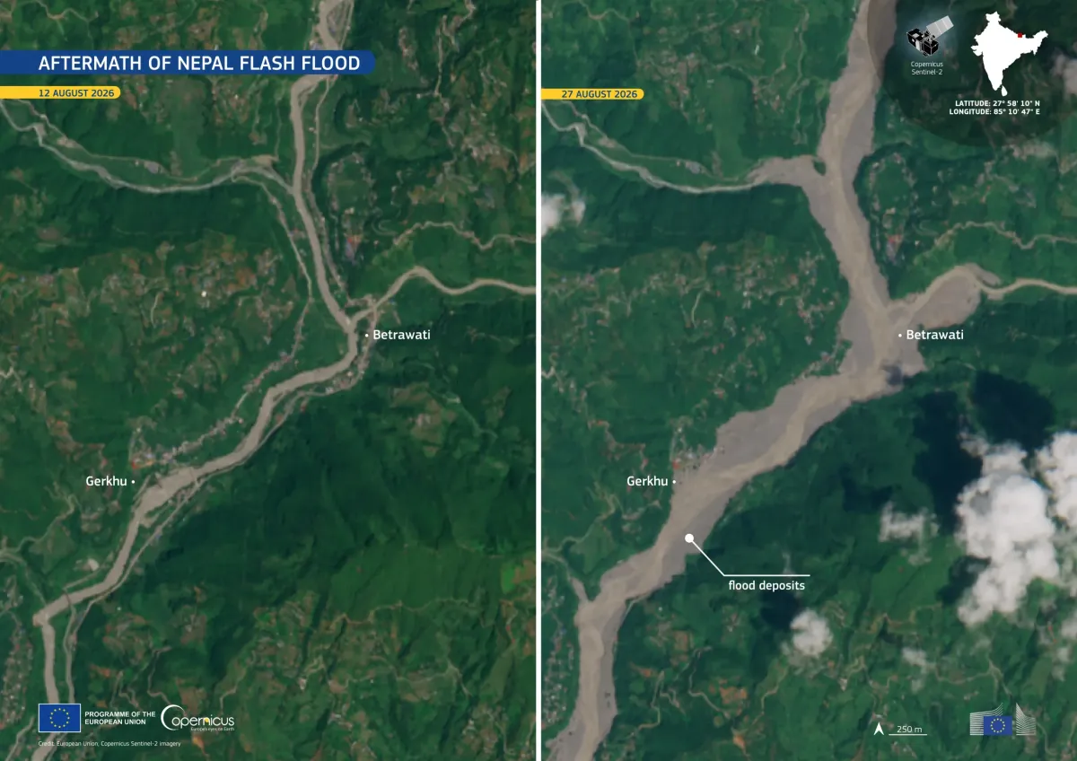 Before and after satellite pair of Betrawati and Gerkhu, showing the river channel widened by flood deposits