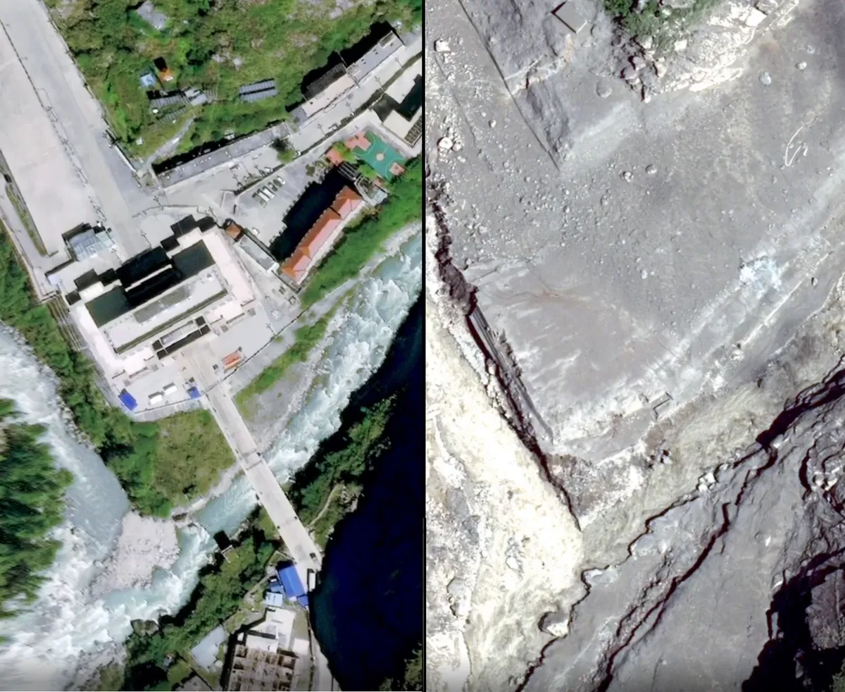 Before and after satellite pair of Gyirong border port, buildings and a bridge replaced by grey debris