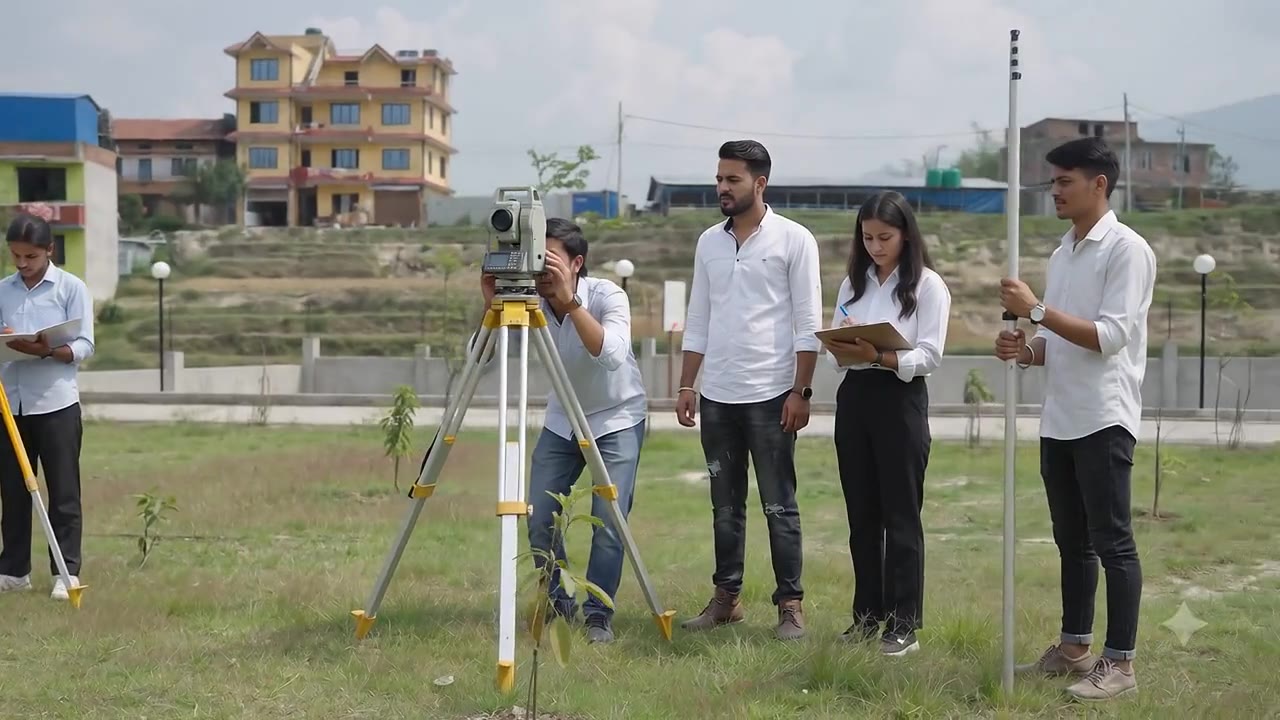 Civil engineering students at survey practice on the campus grounds